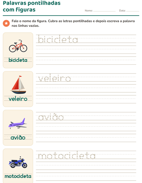 Pré-visualização da ficha de Palavras pontilhadas com Veículos para Educação infantil (pré-escola, 5-7 anos)