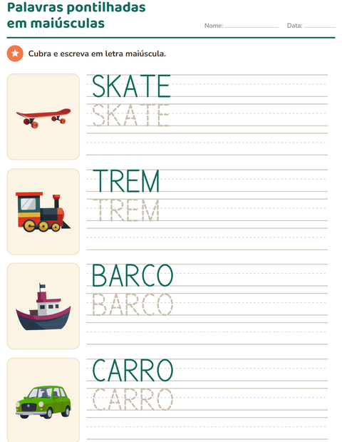 Pré-visualização da ficha de Palavras pontilhadas com Veículos para Educação infantil (pré-escola, 5-7 anos)