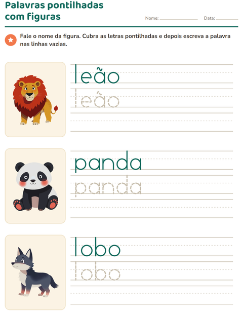 Pré-visualização da ficha de Palavras pontilhadas com Animais do zoológico para Educação infantil (pré-escola, 5-7 anos)