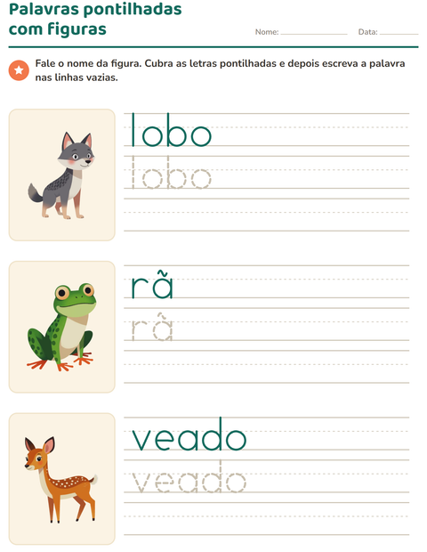 Pré-visualização da ficha de Palavras pontilhadas com Criaturas da floresta para Educação infantil (pré-escola, 5-7 anos)