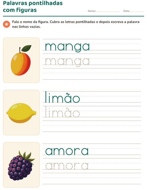 Pré-visualização da ficha de Palavras pontilhadas com Frutas para Educação infantil (pré-escola, 5-7 anos)