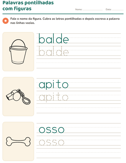 Pré-visualização da ficha de Palavras pontilhadas com Objetos PB para Educação infantil (pré-escola, 5-7 anos)