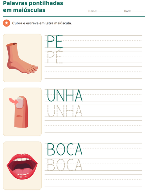Pré-visualização da ficha de Palavras pontilhadas com Partes do corpo para Educação infantil (pré-escola, 5-7 anos)