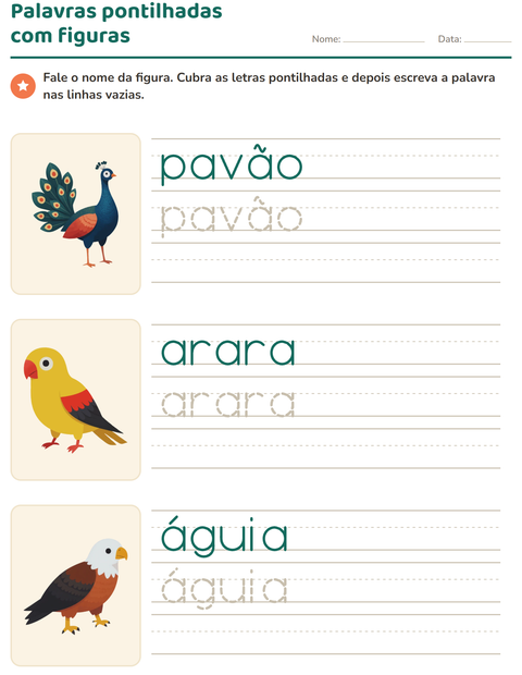 Pré-visualização da ficha de Palavras pontilhadas com Pássaros para Educação infantil (pré-escola, 5-7 anos)