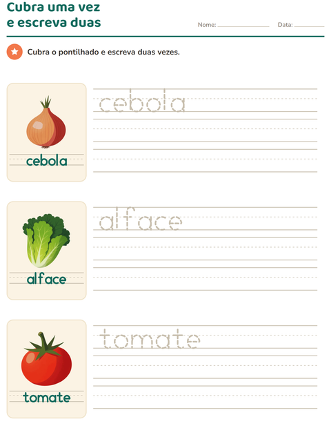 Pré-visualização da ficha de Palavras pontilhadas com Vegetais para Educação infantil (pré-escola, 5-7 anos)