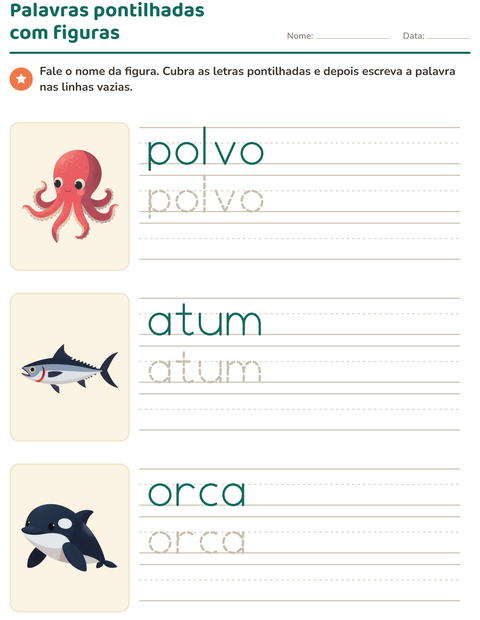 Pré-visualização da ficha de Palavras pontilhadas com Vida marinha para Educação infantil (pré-escola, 5-7 anos)