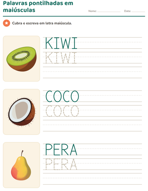 Palavras pontilhadas em letra de forma maiúscula com nomes de frutas