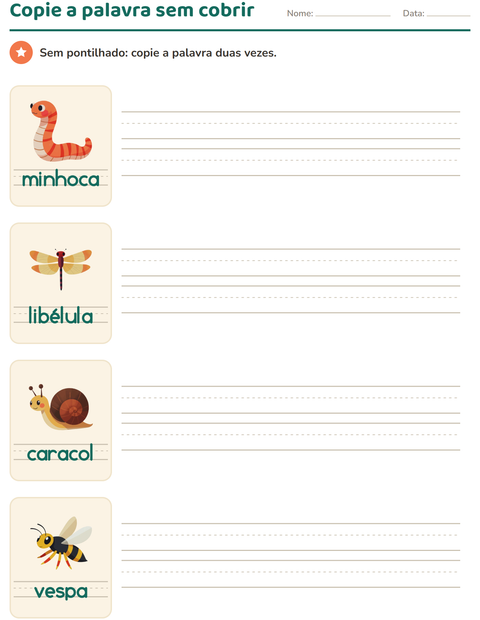 Pré-visualização da ficha de Palavras pontilhadas com Insetos e bichos para Educação infantil (pré-escola, 5-7 anos)