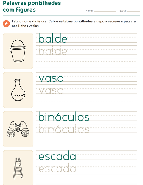 Pré-visualização da ficha de Palavras pontilhadas com Objetos PB para Educação infantil (pré-escola, 5-7 anos)