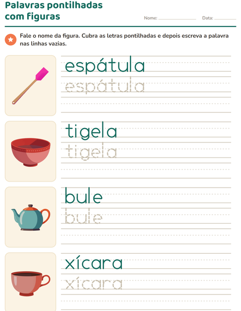 Pré-visualização da ficha de Palavras pontilhadas com Utensílios de cozinha para Educação infantil (pré-escola, 5-7 anos)