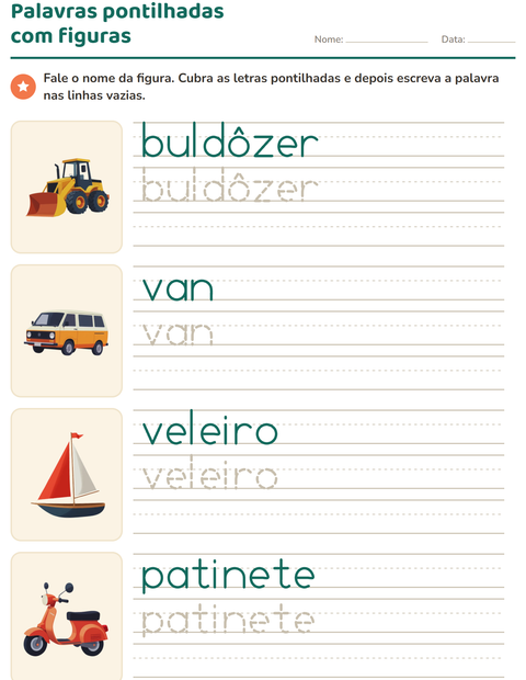 Pré-visualização da ficha de Palavras pontilhadas com Veículos para Educação infantil (pré-escola, 5-7 anos)