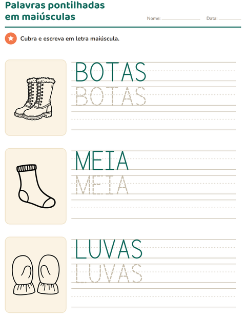 Pré-visualização da ficha de Palavras pontilhadas com Vestuário PB para Educação infantil (pré-escola, 5-7 anos)
