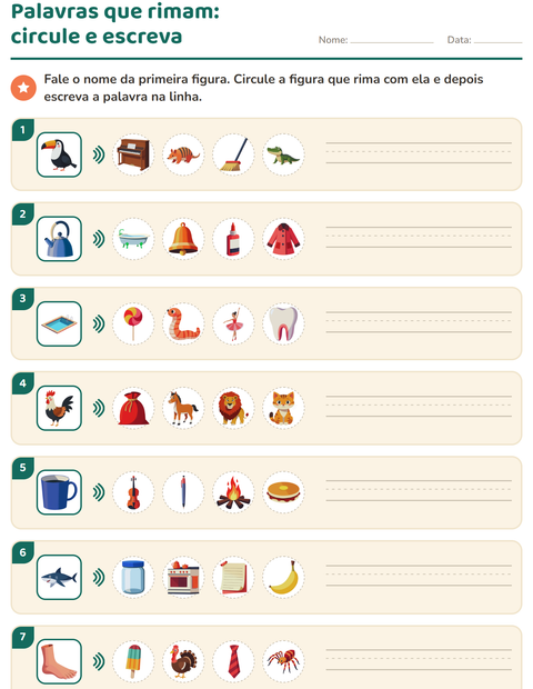 Pré-visualização da ficha de Palavras que rimam para 1º ano do ensino fundamental