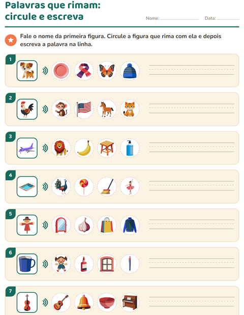 Pré-visualização da ficha de Palavras que rimam para 1º ano do ensino fundamental