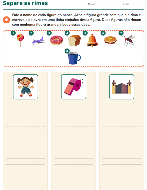 Pré-visualização da ficha de Palavras que rimam para 1º ano do ensino fundamental