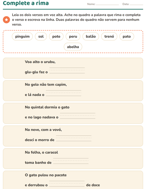 Pré-visualização da ficha de Palavras que rimam para 1º ano do ensino fundamental