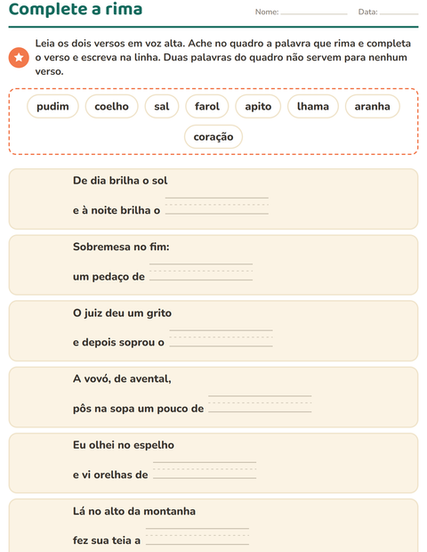 Pré-visualização da ficha de Palavras que rimam para 1º ano do ensino fundamental