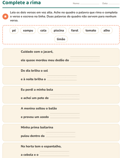 Pré-visualização da ficha de Palavras que rimam para 1º ano do ensino fundamental