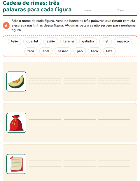 Pré-visualização da ficha de Palavras que rimam para 1º ano do ensino fundamental