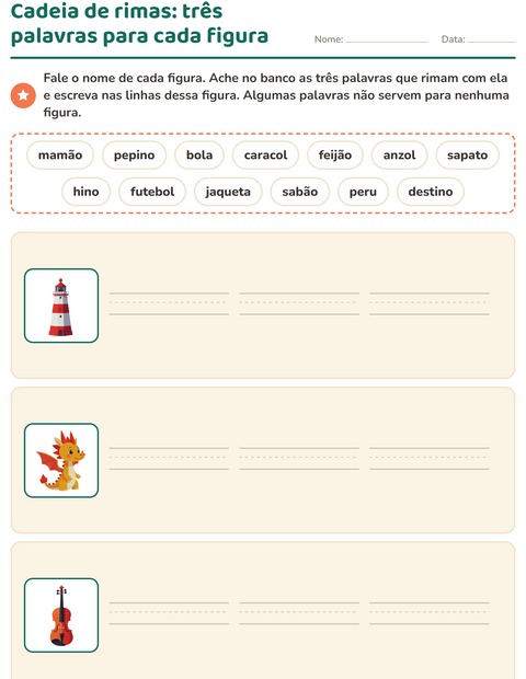Pré-visualização da ficha de Palavras que rimam para 1º ano do ensino fundamental