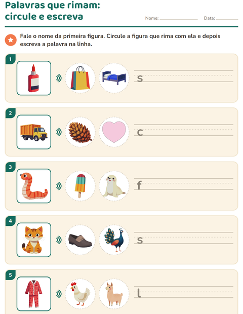 Pré-visualização da ficha de Palavras que rimam para 1º ano do ensino fundamental