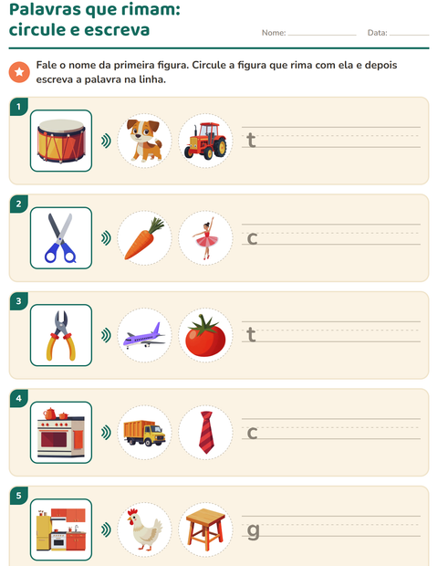 Pré-visualização da ficha de Palavras que rimam para 1º ano do ensino fundamental