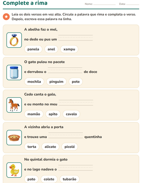 Pré-visualização da ficha de Palavras que rimam para 1º ano do ensino fundamental