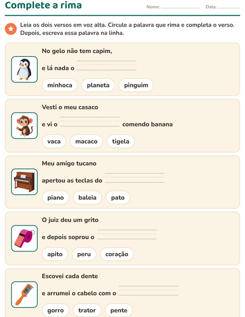 Pré-visualização da ficha de Palavras que rimam para 1º ano do ensino fundamental
