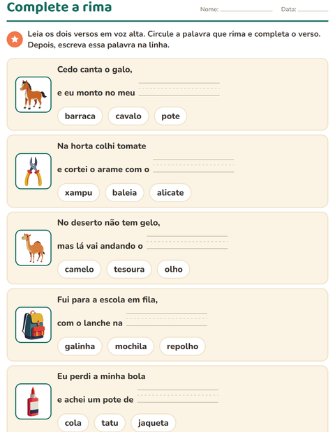 Pré-visualização da ficha de Palavras que rimam para 1º ano do ensino fundamental