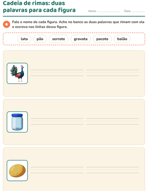 Pré-visualização da ficha de Palavras que rimam para 1º ano do ensino fundamental