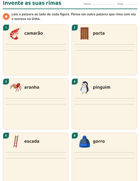 Pré-visualização da ficha de Palavras que rimam para 1º ano do ensino fundamental