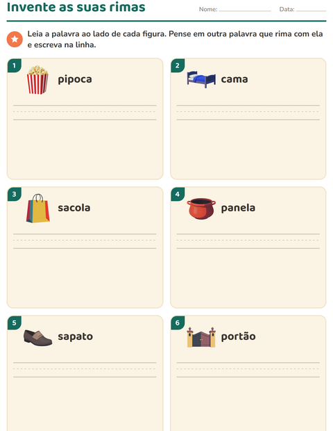 Pré-visualização da ficha de Palavras que rimam para 1º ano do ensino fundamental