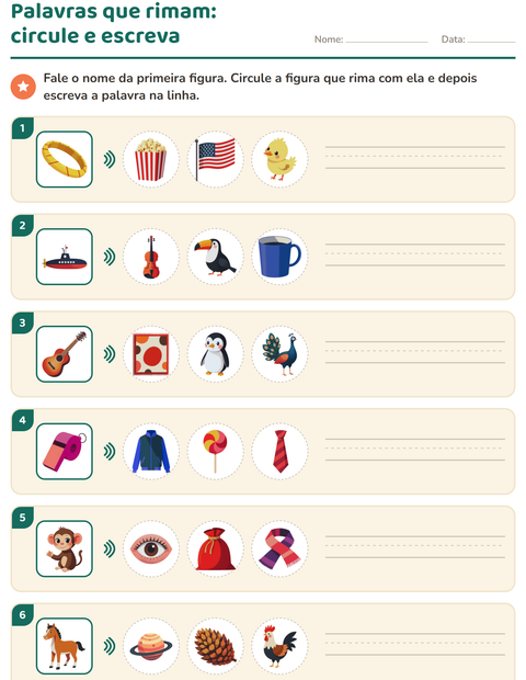Pré-visualização da ficha de Palavras que rimam para 1º ano do ensino fundamental