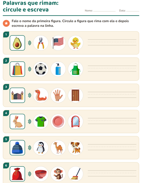 Pré-visualização da ficha de Palavras que rimam para 1º ano do ensino fundamental