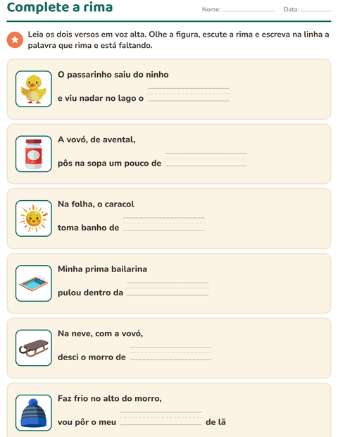 Pré-visualização da ficha de Palavras que rimam para 1º ano do ensino fundamental