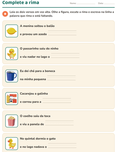Prévia: Complete a rima: escreva a palavra que falta em seis versinhos