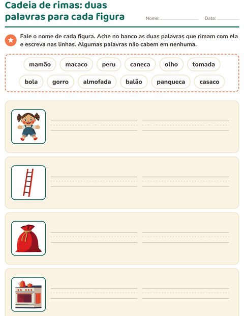 Pré-visualização da ficha de Palavras que rimam para 1º ano do ensino fundamental
