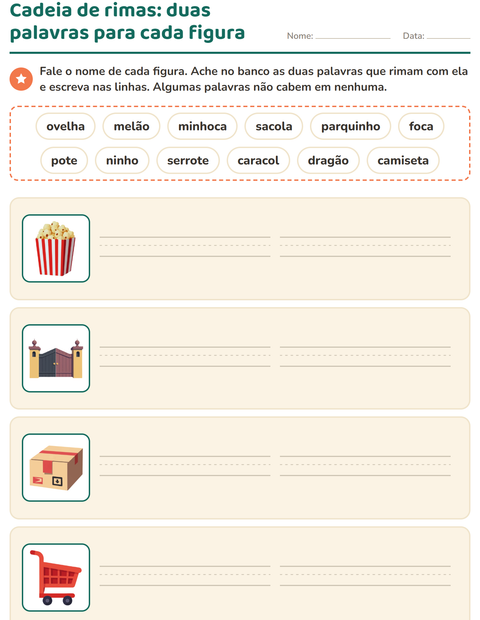 Pré-visualização da ficha de Palavras que rimam para 1º ano do ensino fundamental