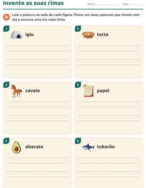 Pré-visualização da ficha de Palavras que rimam para 1º ano do ensino fundamental