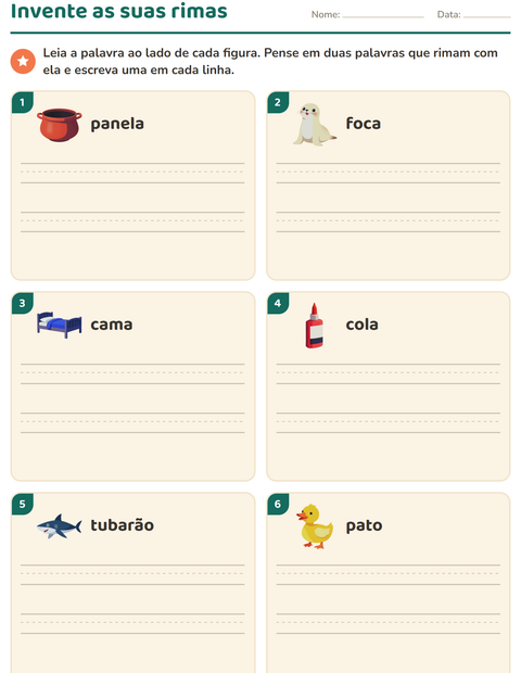 Pré-visualização da ficha de Palavras que rimam para 1º ano do ensino fundamental