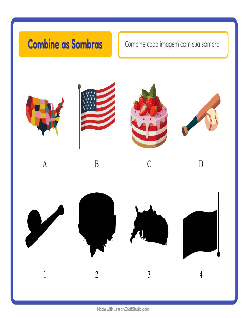 Pré-visualização da ficha de Pareamento De Sombras com 4 de Julho para Educação infantil (pré-escola, 5-7 anos)