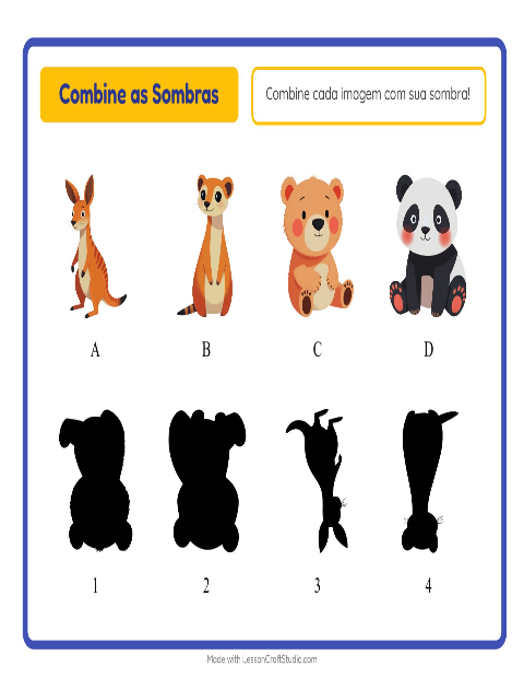 Pré-visualização da ficha de Pareamento De Sombras com Animais do zoológico para Educação infantil (pré-escola, 5-7 anos)