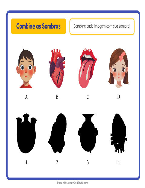 Pré-visualização da ficha de Pareamento De Sombras com Partes do corpo para Educação infantil (pré-escola, 5-7 anos)