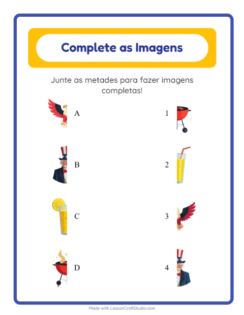 Pré-visualização da ficha de Pareamento De Sombras com 4 de Julho para Educação infantil (pré-escola, 5-7 anos)