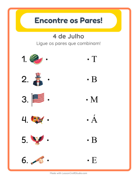 Pré-visualização da ficha de Pareamento com 4 de Julho para Educação infantil (pré-escola, 5-7 anos)