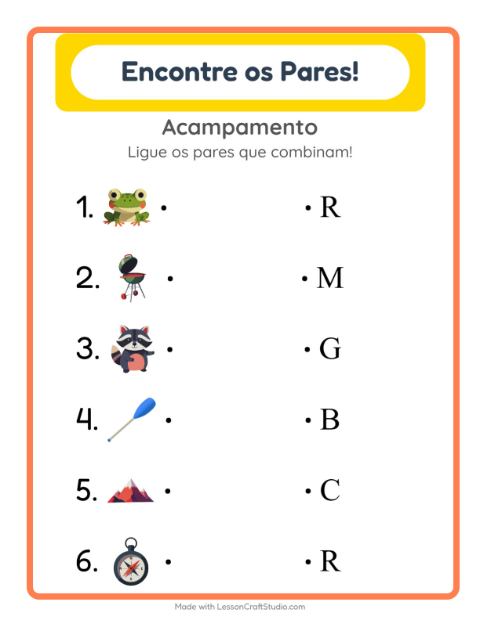 Pré-visualização da ficha de Pareamento com Acampamento para Educação infantil (pré-escola, 5-7 anos)
