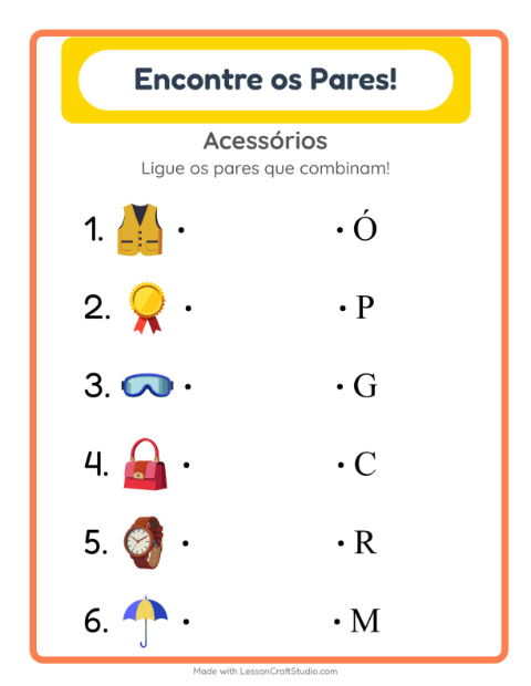 Pré-visualização da ficha de Pareamento com Acessórios para Educação infantil (pré-escola, 5-7 anos)