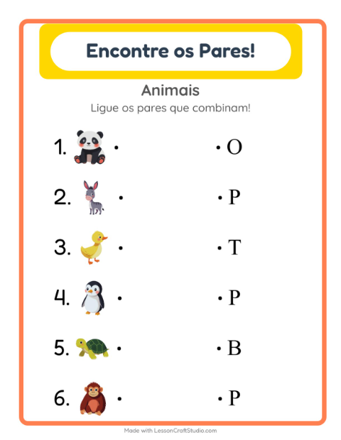Pré-visualização da ficha de Pareamento com Animais para Educação infantil (pré-escola, 5-7 anos)