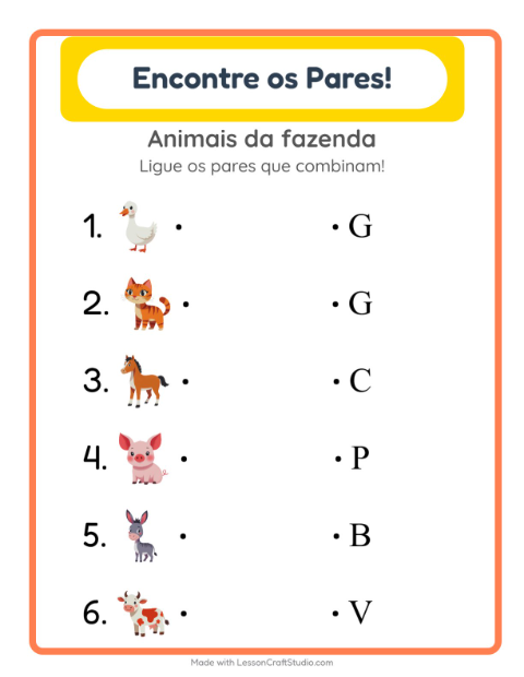Pré-visualização da ficha de Pareamento com Animais da fazenda para Educação infantil (pré-escola, 5-7 anos)