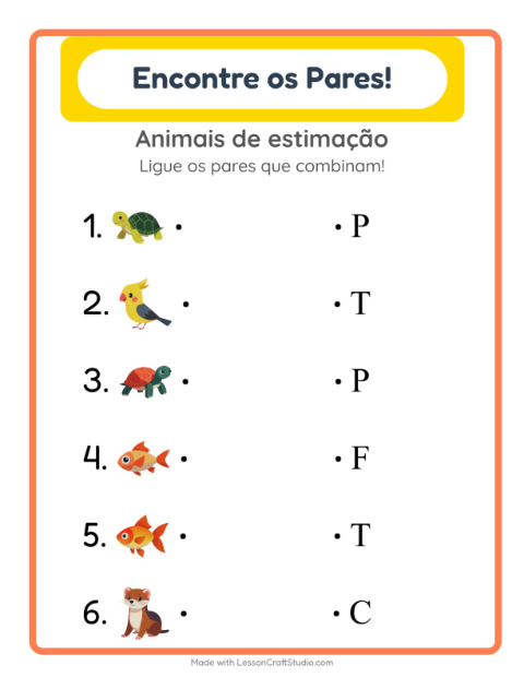 Pré-visualização da ficha de Pareamento com Animais de estimação para Educação infantil (pré-escola, 5-7 anos)